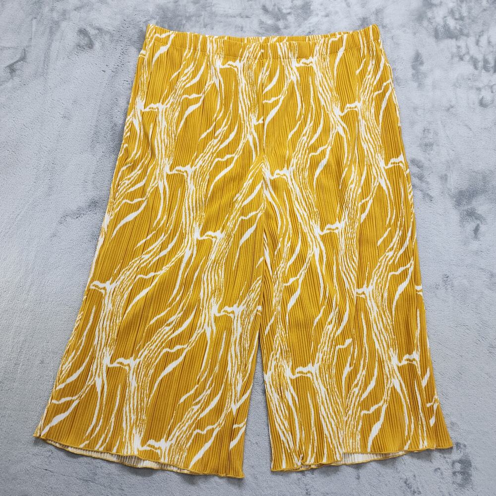 Rafaella Pants Womens 2X Yellow White Ripple Print Plisse Crop Wide Leg Palazzo